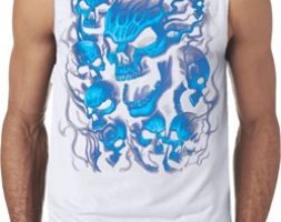 Mens Biker Shirt Screaming Blue Skulls Sleeveless Tee T-Shirt