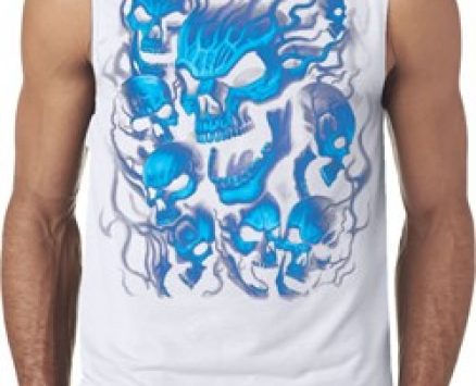 Mens Biker Shirt Screaming Blue Skulls Sleeveless Tee T-Shirt