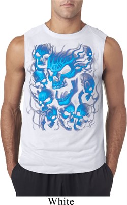 Mens Biker Shirt Screaming Blue Skulls Sleeveless Tee T-Shirt