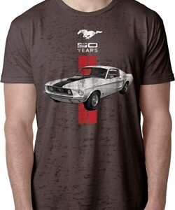 Mens Ford Shirt Red Stripe Mustang 50 Years Burnout Tee T-Shirt