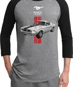 Mens Ford Shirt Red Stripe Mustang 50 Years Raglan Tee T-Shirt