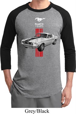 Mens Ford Shirt Red Stripe Mustang 50 Years Raglan Tee T-Shirt