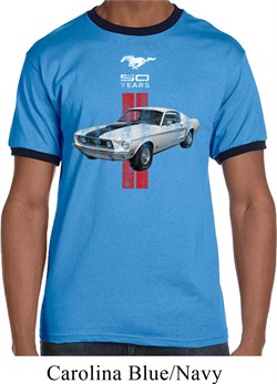 Mens Ford Shirt Red Stripe Mustang 50 Years Ringer Tee T-Shirt