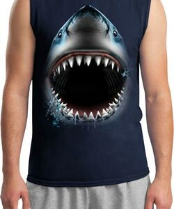 Mens Shark Shirt Big Shark Face Muscle Tee T-Shirt