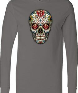 Mens Skull Shirt Sugar Skull with Roses Lightweight Hoodie Tee