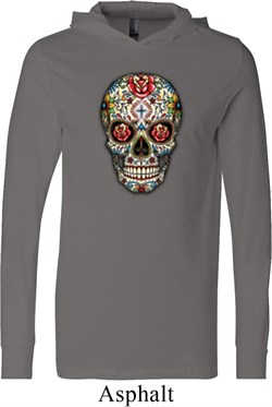 Mens Skull Shirt Sugar Skull with Roses Lightweight Hoodie Tee