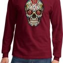 Mens Skull Shirt Sugar Skull with Roses Long Sleeve Tee T-Shirt