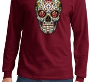 Mens Skull Shirt Sugar Skull with Roses Long Sleeve Tee T-Shirt