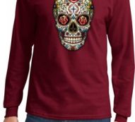 Mens Skull Shirt Sugar Skull with Roses Long Sleeve Tee T-Shirt