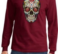 Mens Skull Shirt Sugar Skull with Roses Long Sleeve Tee T-Shirt