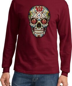 Mens Skull Shirt Sugar Skull with Roses Long Sleeve Tee T-Shirt