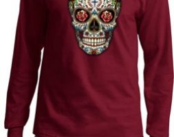 Mens Skull Shirt Sugar Skull with Roses Long Sleeve Tee T-Shirt