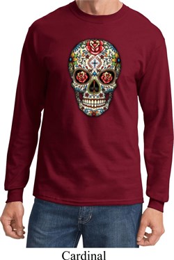 Mens Skull Shirt Sugar Skull with Roses Long Sleeve Tee T-Shirt