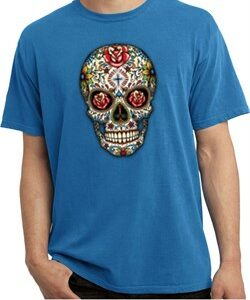 Mens Skull Shirt Sugar Skull with Roses Pigment Dyed Tee T-Shirt