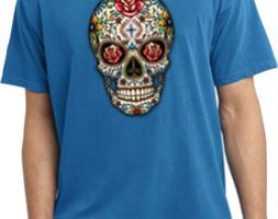 Mens Skull Shirt Sugar Skull with Roses Pigment Dyed Tee T-Shirt
