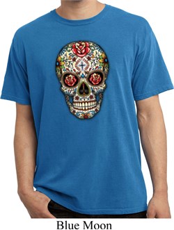 Mens Skull Shirt Sugar Skull with Roses Pigment Dyed Tee T-Shirt