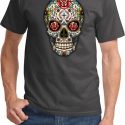 Mens Skull Shirt Sugar Skull with Roses Tee T-Shirt