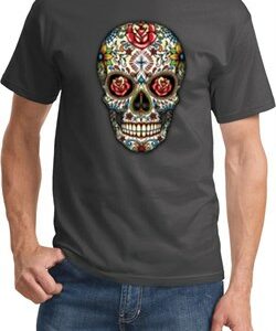 Mens Skull Shirt Sugar Skull with Roses Tee T-Shirt