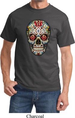 Mens Skull Shirt Sugar Skull with Roses Tee T-Shirt