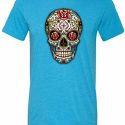 Mens Skull Shirt Sugar Skull with Roses Tri Blend Crewneck Tee T-Shirt