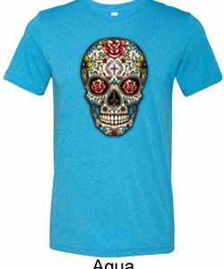 Mens Skull Shirt Sugar Skull with Roses Tri Blend Crewneck Tee T-Shirt