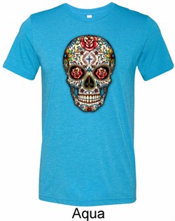 Mens Skull Shirt Sugar Skull with Roses Tri Blend Crewneck Tee T-Shirt