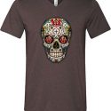 Mens Skull Shirt Sugar Skull with Roses Tri Blend V-neck Tee T-Shirt