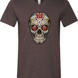 Mens Skull Shirt Sugar Skull with Roses Tri Blend V-neck Tee T-Shirt