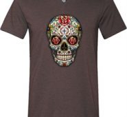 Mens Skull Shirt Sugar Skull with Roses Tri Blend V-neck Tee T-Shirt