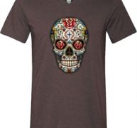Mens Skull Shirt Sugar Skull with Roses Tri Blend V-neck Tee T-Shirt