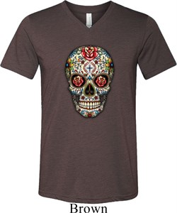 Mens Skull Shirt Sugar Skull with Roses Tri Blend V-neck Tee T-Shirt