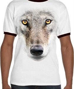 Mens Wolf Shirt Big Wolf Face Ringer Tee T-Shirt