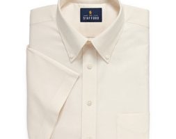 Stafford Travel Wrinkle Free Stretch Oxford Short Sleeve Button Down Collar Big And Tall Mens Dress Shirt, 17.5 , Beige