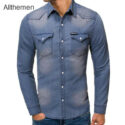 allthemen men’s shirts solid long sleeved denim cowboy shirt men casual plus size cotton jeans cardigan men two-pocket top