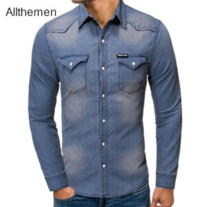 allthemen men's shirts solid long sleeved denim cowboy shirt men casual plus size cotton jeans cardigan men two-pocket top