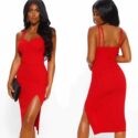 attacked woman in black red spaghetti sash tight celebrity cocktail party dress bandage