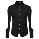 autumn men’s shirt lapel single breasted solid long sleeve hollow out sfashion casual personality washable male clothes