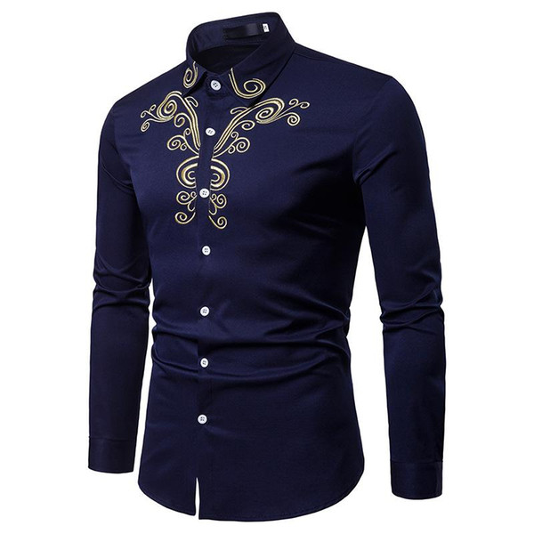 brand fall 2020 new men's shirt embroidered lapel large size casual slim long sleeve shirt camisa masculina