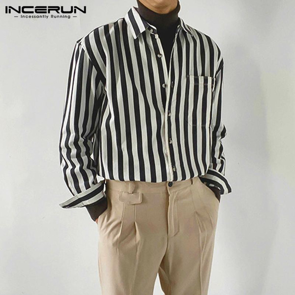 casual men striped shirt brand lapel long sleeve streetwear pockets korean style fashion button 2021 camisas s-5xl incerun