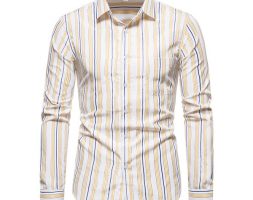 casual men’s shirt fashion spring summercotton long sleeve striped slim fit stand collar dress shirts camisa