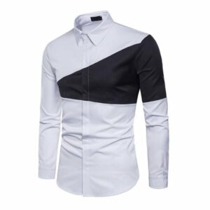 casual men's shirt two-color triangle stitch geometry fashion match lapel long-sleeved slim patchwork color block shirts