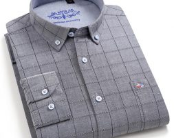 cotton oxford fabric casual men plaid shirt long sleeve male checked shirts striped regular fit button collar leisure easy care
