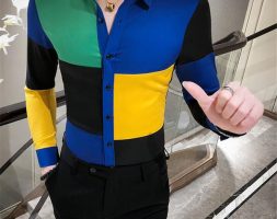 designer mens dress shirt fashion patchwork slim printed shirts casual mens