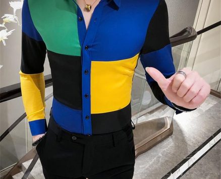 designer mens dress shirt fashion patchwork slim printed shirts casual mens