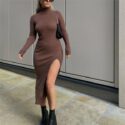 dress shinysweety 2021 spring woman fashions thin brown slit elegant mesh basic mock neck long sleeve