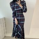 dress vintage woman’s dress skinny chess mermaid korean long sleeve stylish women’s dresses waistband