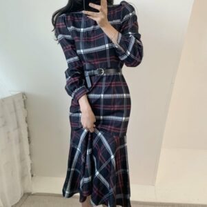 dress vintage woman's dress skinny chess mermaid korean long sleeve stylish women's dresses waistband