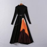 dresses european and american women’s wear winter style long sleeve knitted mosaic printing fashion pleated dress sma9