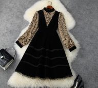dresses european and american women’s wear winter style long – sleeved standneck with leopard print fashionable velvet dress p34u