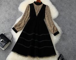 dresses european and american women’s wear winter style long – sleeved standneck with leopard print fashionable velvet dress p34u